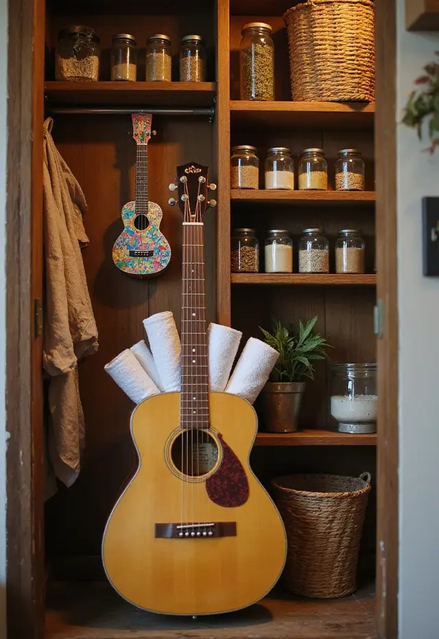 11 Bohemian Pantry Ideas for Music Lovers - 2. Vintage Instrument Storage