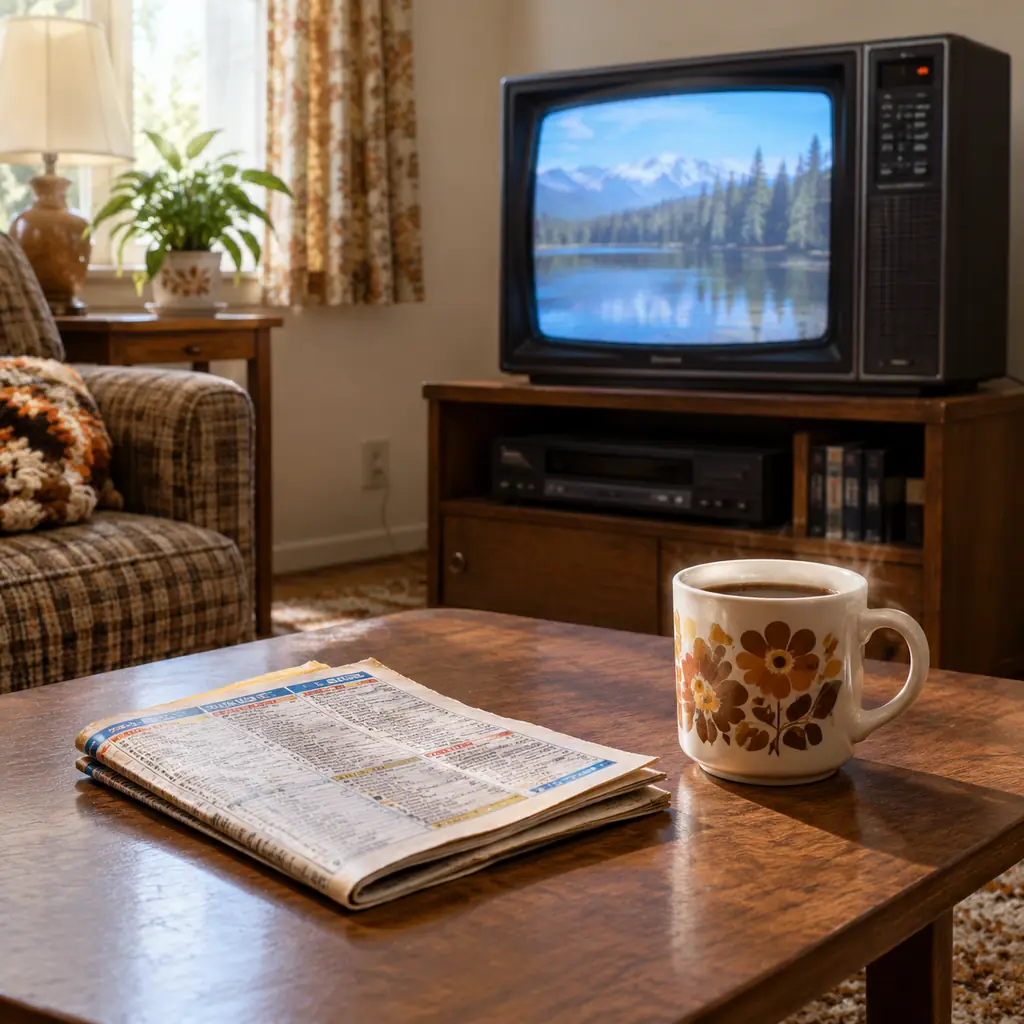 Illustration of a folded generic television listings booklet with unreadable pages beside a ceramic mug and an unbranded analog television, modest 1980s family room.