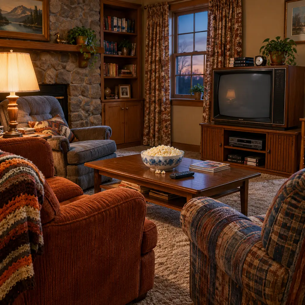 Illustration of an empty 1980s family den at evening, comfortable armchairs arranged toward an old CRT television, bowl of popcorn on a coffee table.