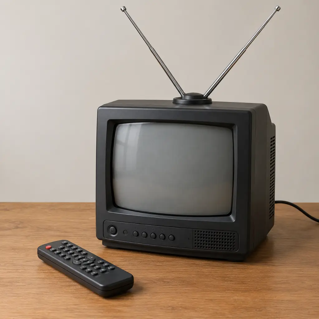 Illustration of a plain television remote and rabbit-ear aerial beside an unbranded small CRT, neutral background.