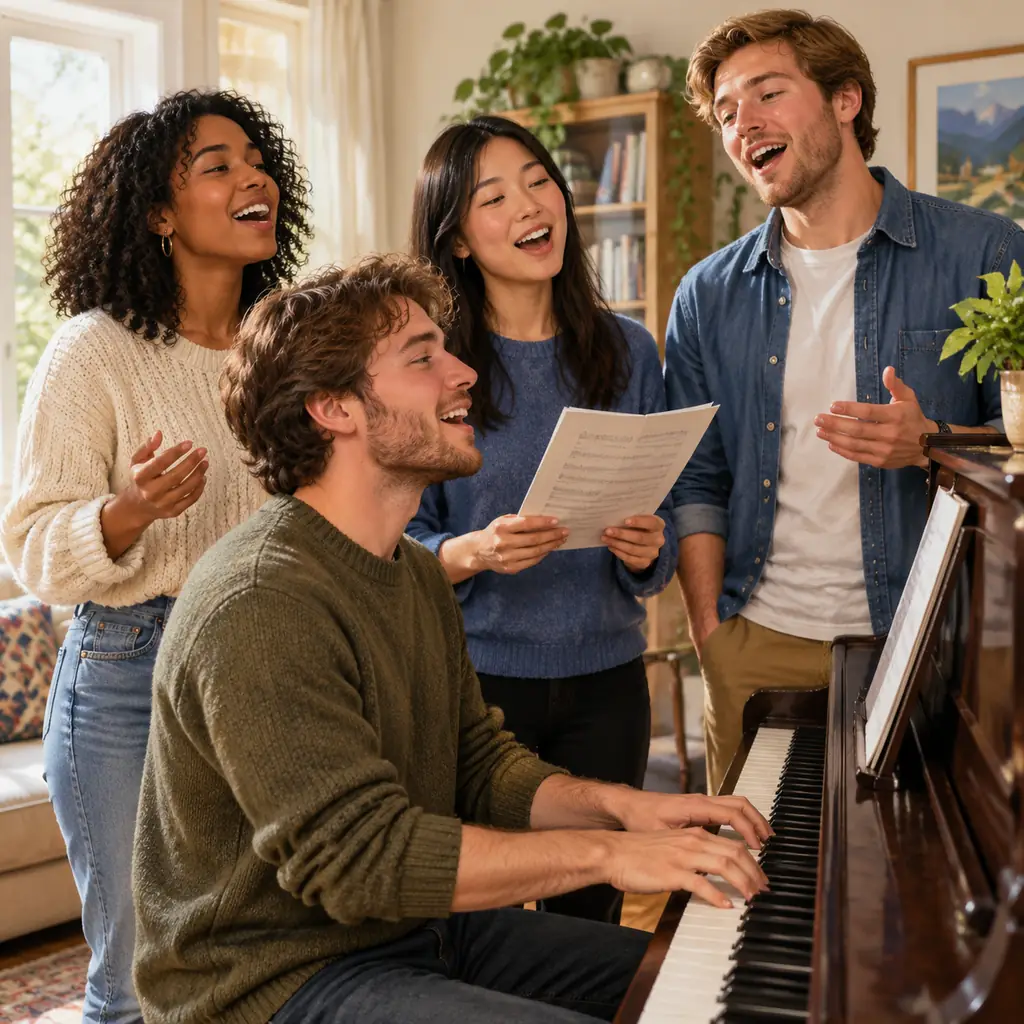 Illustration of a small group of ordinary adult friends of varied backgrounds singing beside an unbranded piano in a home.