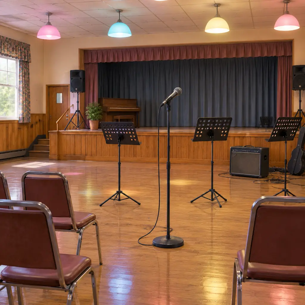 Illustration of an empty community hall with plain microphone, music stands and softly colored ceiling lights, evoke a 1980s gathering without specific performers.