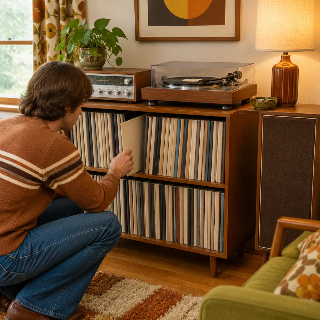 Illustration of a living-room record shelf with blank spines, warm lamp and plain speaker, historically plausible 1970s furnishings.