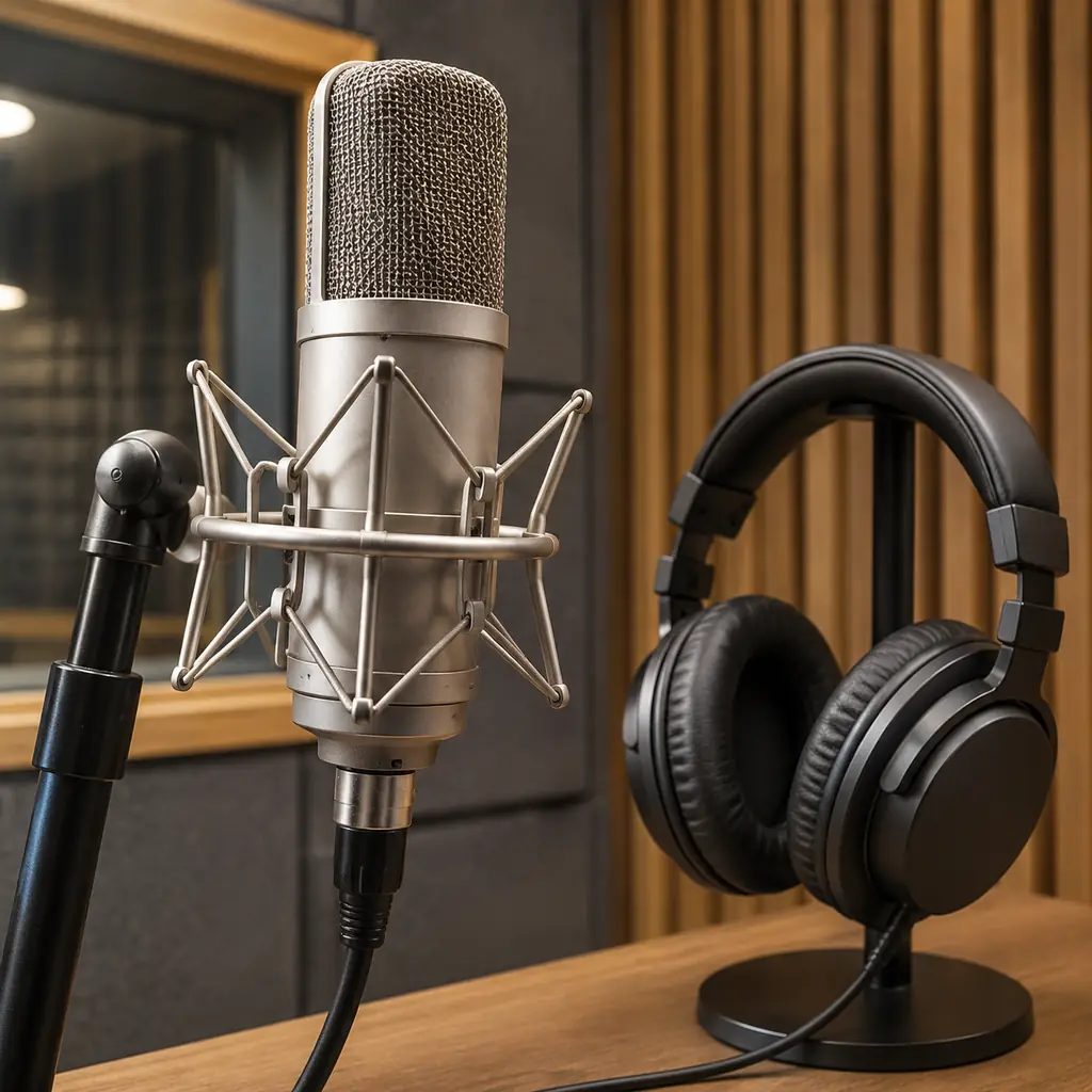 Illustration of a vintage-style microphone and plain studio headphones in a softly lit recording booth.