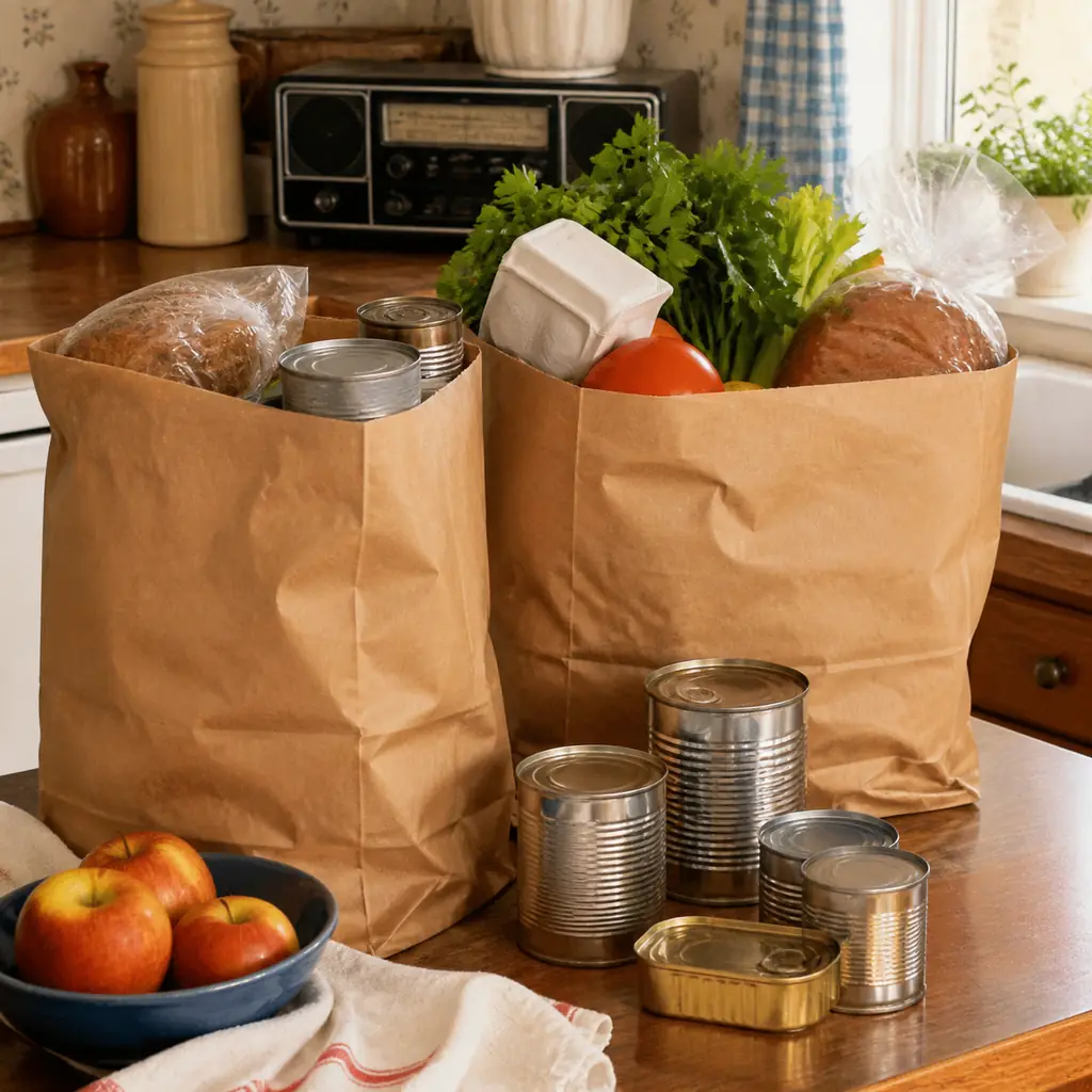 Illustration of plain grocery bags and unlabeled cans on a 1980s kitchen counter, radio in background.