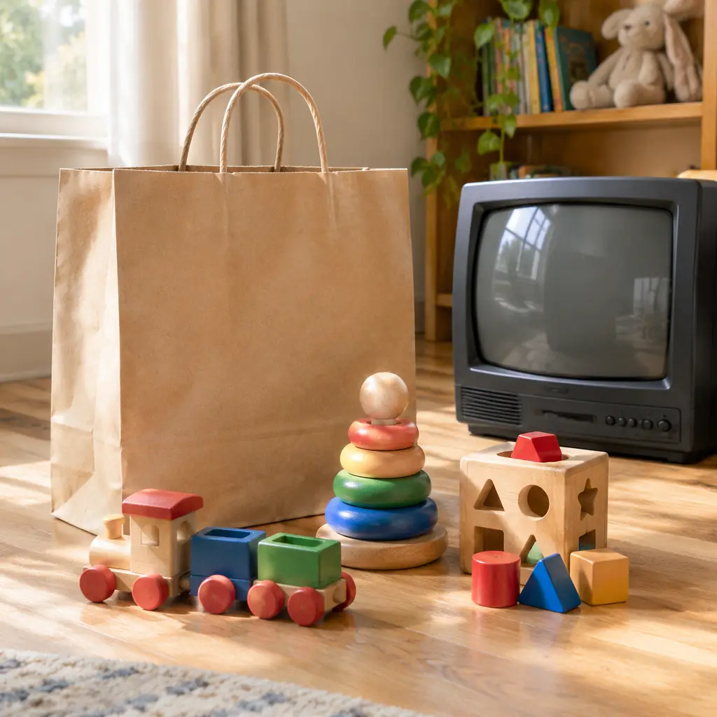 Illustration of a plain toy-store shopping bag and generic wooden toys beside an unbranded small CRT television.