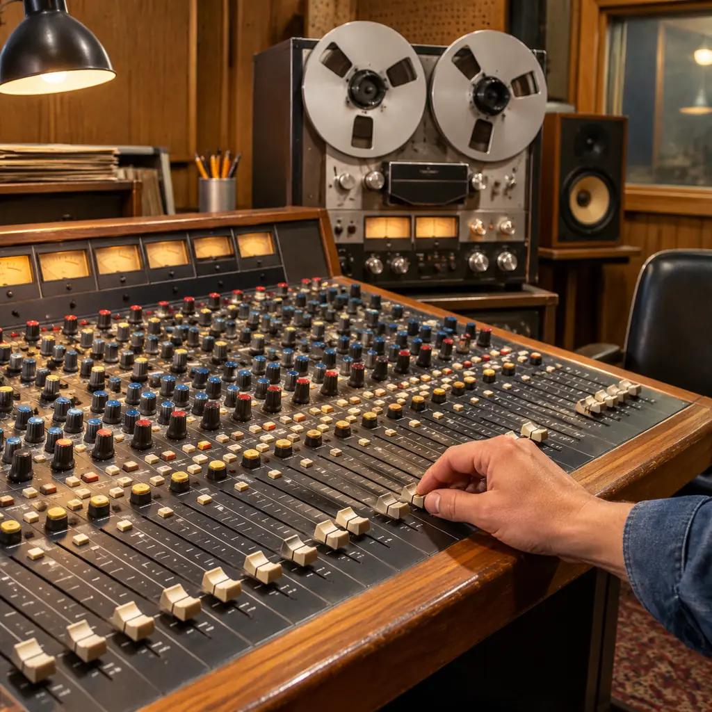 Illustration of an analog audio mixing console with a reel-to-reel recorder in a 1970s studio.