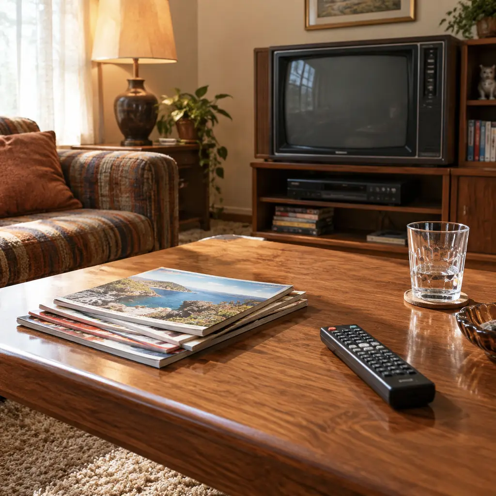 Illustration of a family-room coffee table holding plain magazines, a remote and a glass, television dark in background, realistic 1980s interior and no readable text.