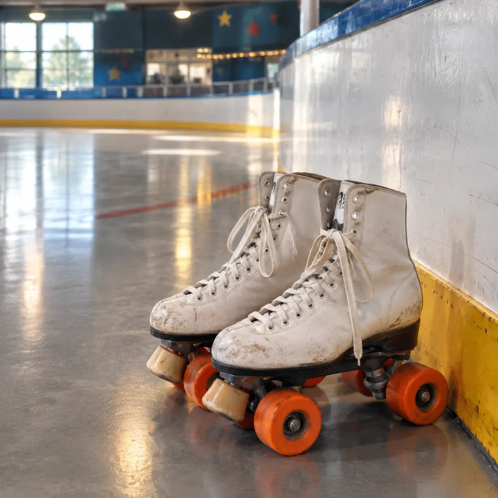 Illustration of scuffed unbranded white quad roller skates with orange wheels beside an empty rink barrier.