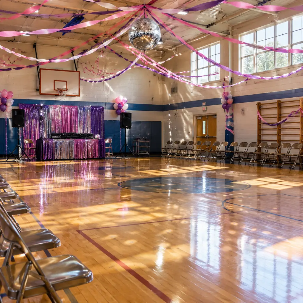 Illustration of a 1980s school gym prepared for a dance, folding chairs, crepe-paper decorations and a small mirror ball, empty room.
