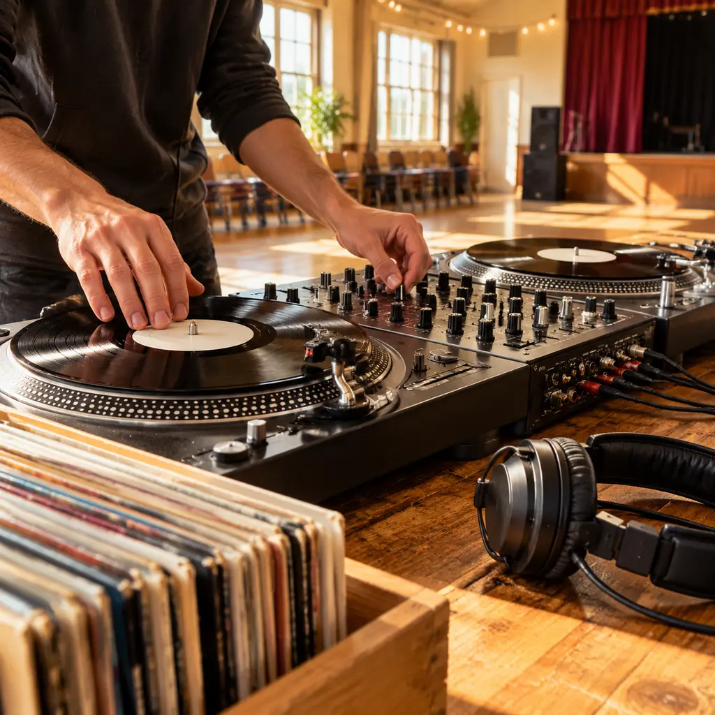 Illustration of a generic analog DJ mixer, unlabeled vinyl discs and headphones at a community hall.