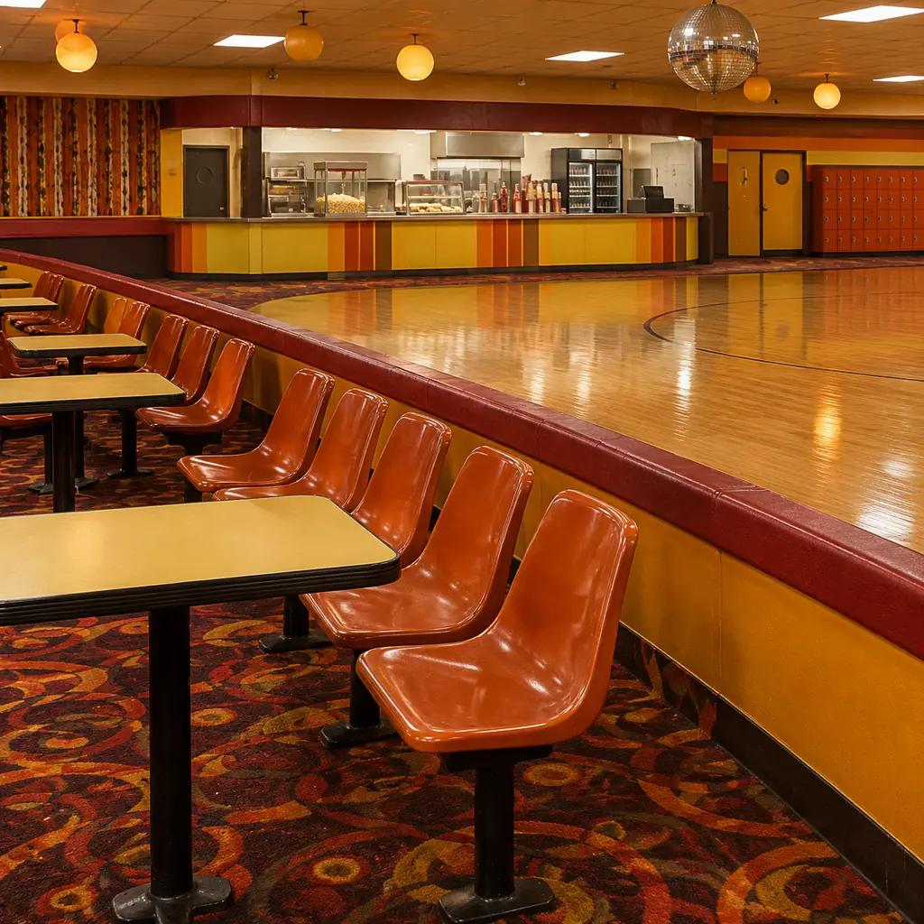 Illustration of empty roller-rink seating with a plain snack counter in background, warm late-seventies colors.