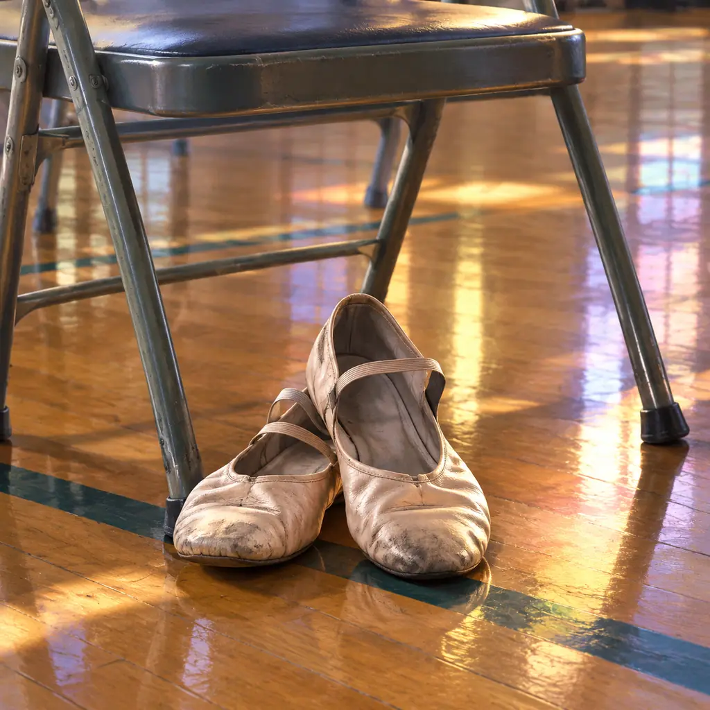 Illustration of a pair of worn dance shoes beneath a school-gym folding chair, soft colored lights reflected on wooden floor.