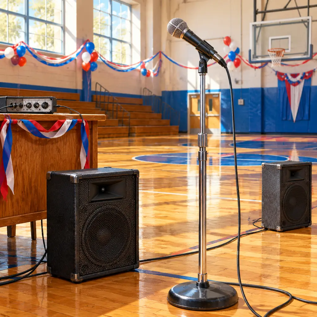 Illustration of a plain microphone and small speakers beside a school-gym basketball court, 1980s decorations.