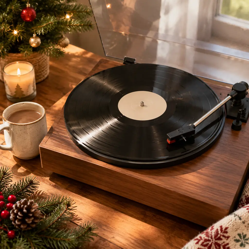 Illustration of a plain turntable playing an unlabeled record beside a ceramic mug and simple Christmas decorations, warm realistic light.