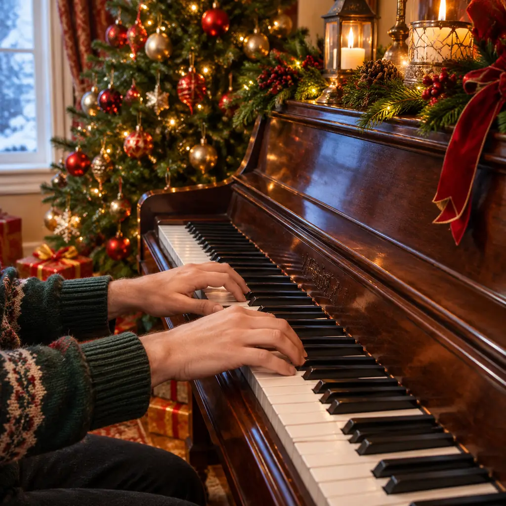 Illustration of a vintage-style piano beside a Christmas tree, hands of an anonymous adult resting on keys.