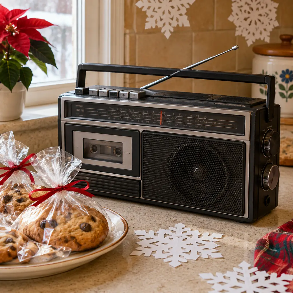 Illustration of an unbranded 1980s cassette radio on a kitchen counter beside wrapped homemade cookies, paper snowflake decorations.