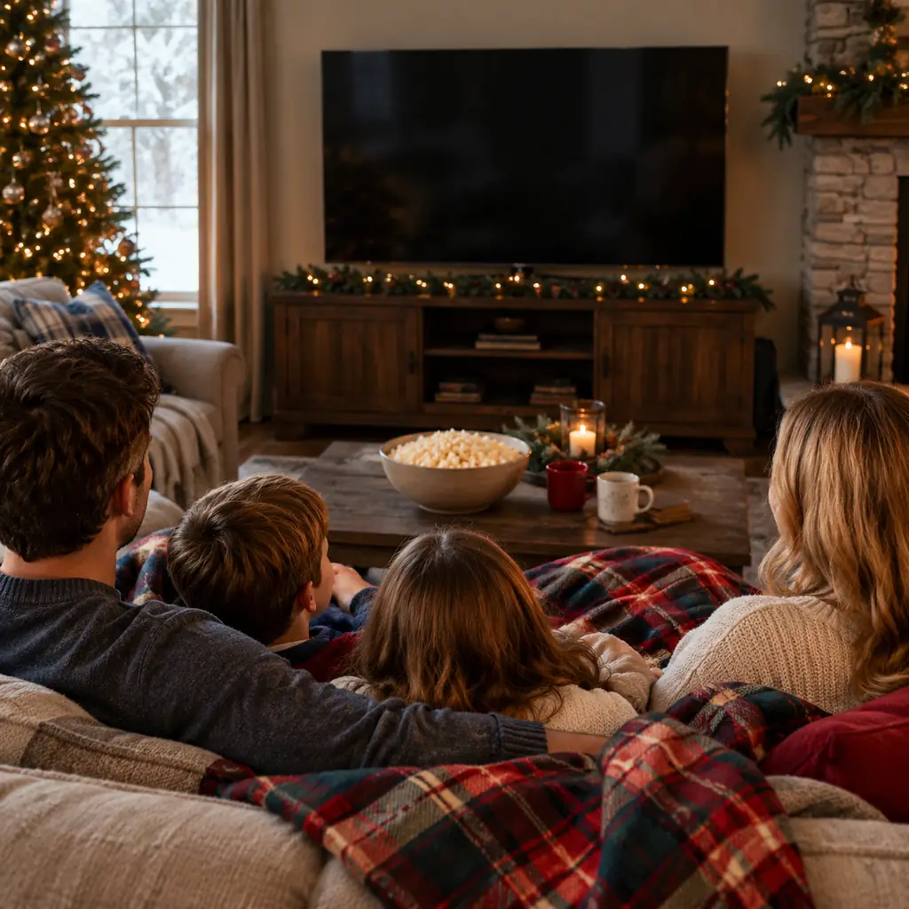 Illustration of a family den prepared for holiday television viewing, plaid blanket and bowl of popcorn, television screen dark.