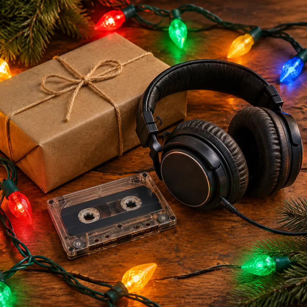 Illustration of plain gift wrap, headphones and an unmarked cassette tape under colored Christmas lights.