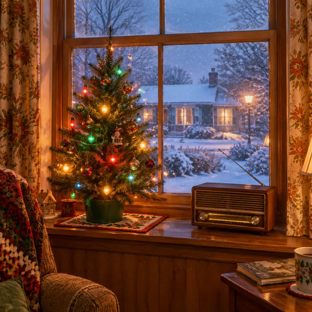 Illustration of a front window glowing with a small Christmas tree, unbranded radio on the sill, snowy evening outside.