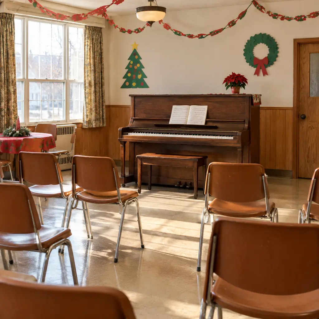 Illustration of an empty community room with piano, plain chairs and simple paper holiday decorations, late-1970s atmosphere.