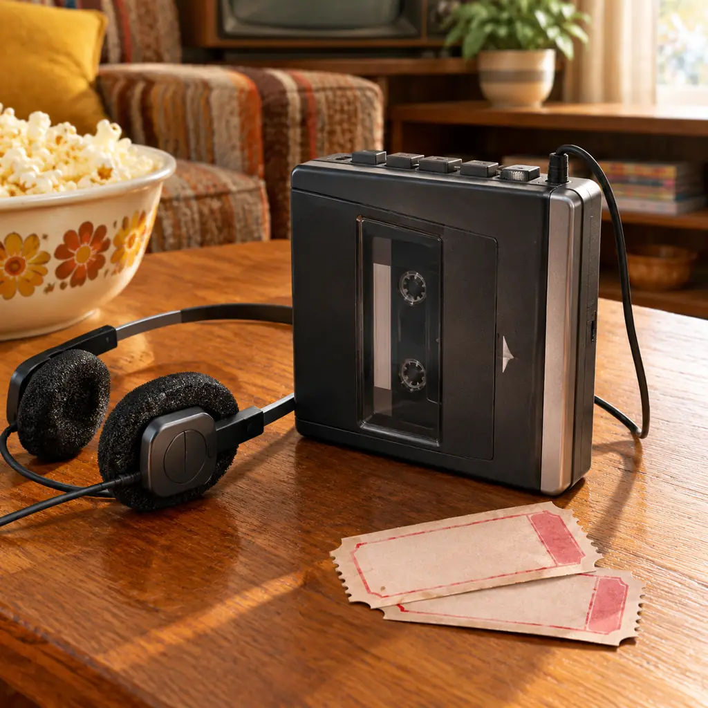 Illustration of an unbranded portable cassette player beside plain cinema ticket stubs with no readable writing, warm 1980s domestic setting.