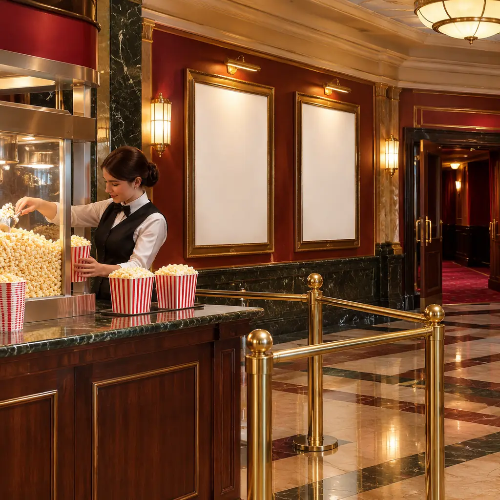 Illustration of a vintage cinema lobby with blank poster panels, plain popcorn tubs and brass rail.