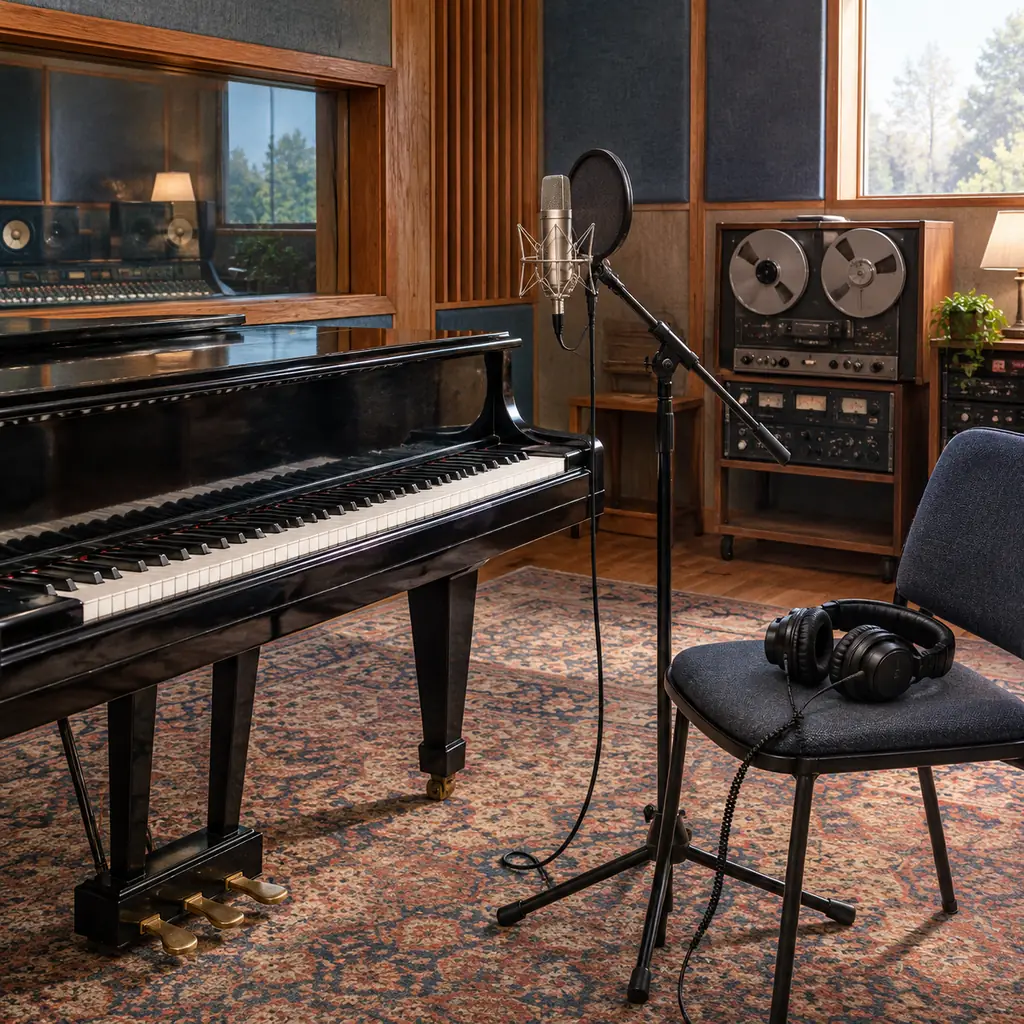 Illustration of a plain piano and microphone in a 1980s recording studio, headphones on a chair.