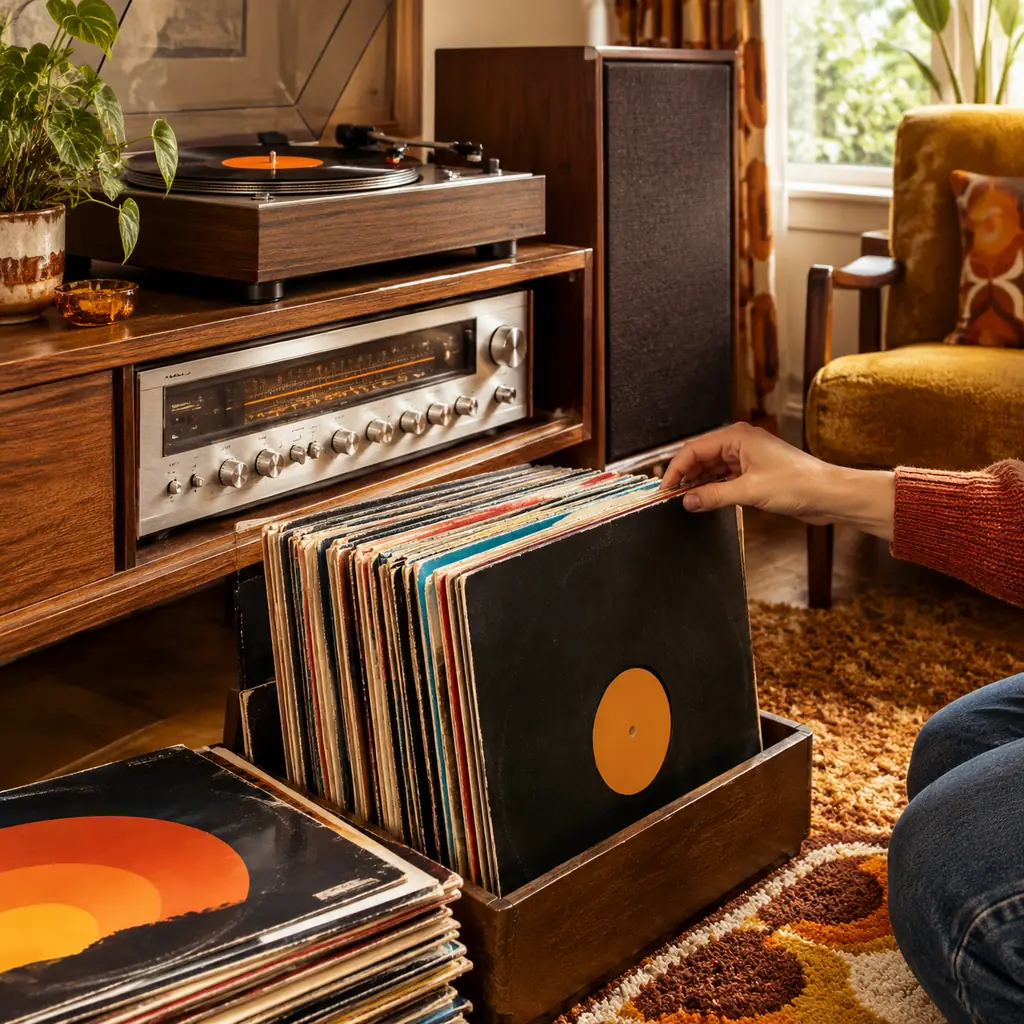 Illustration of unlabeled vinyl soundtrack records beside an unbranded home stereo, 1970s living room.