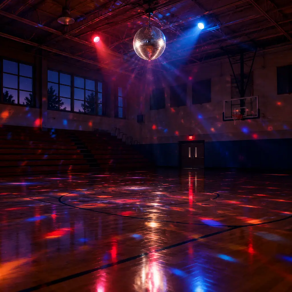 Illustration of a dark empty school gym with a small mirror ball and colored lights, evoke a movie-era memory without recreating any specific film scene.