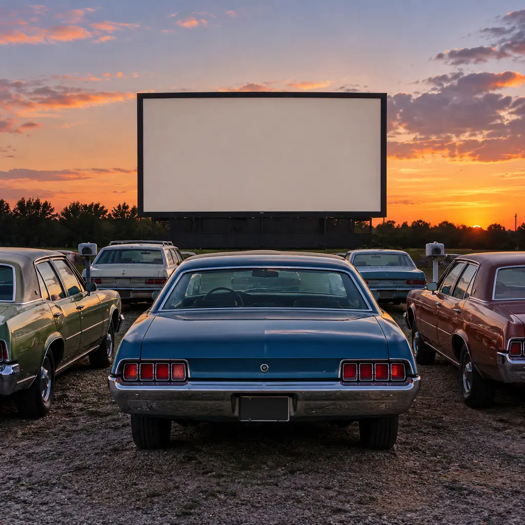 Illustration of a vintage drive-in screen at dusk, screen completely blank, ordinary parked 1970s cars viewed from behind.
