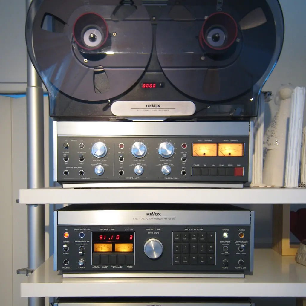 A Revox hi-fi stack with reel-to-reel recorder, tuner and amplifier.