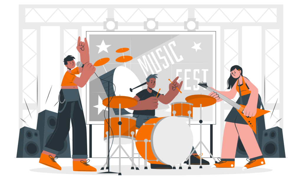 Cartoon graphics banner for free band name generator from Student of Guitar