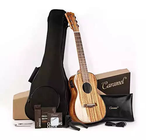 Caramel 6 String Acoustic/Electric Guitalele with Truss Rod & Padded Gig Bag, Strap, and Wall hanger